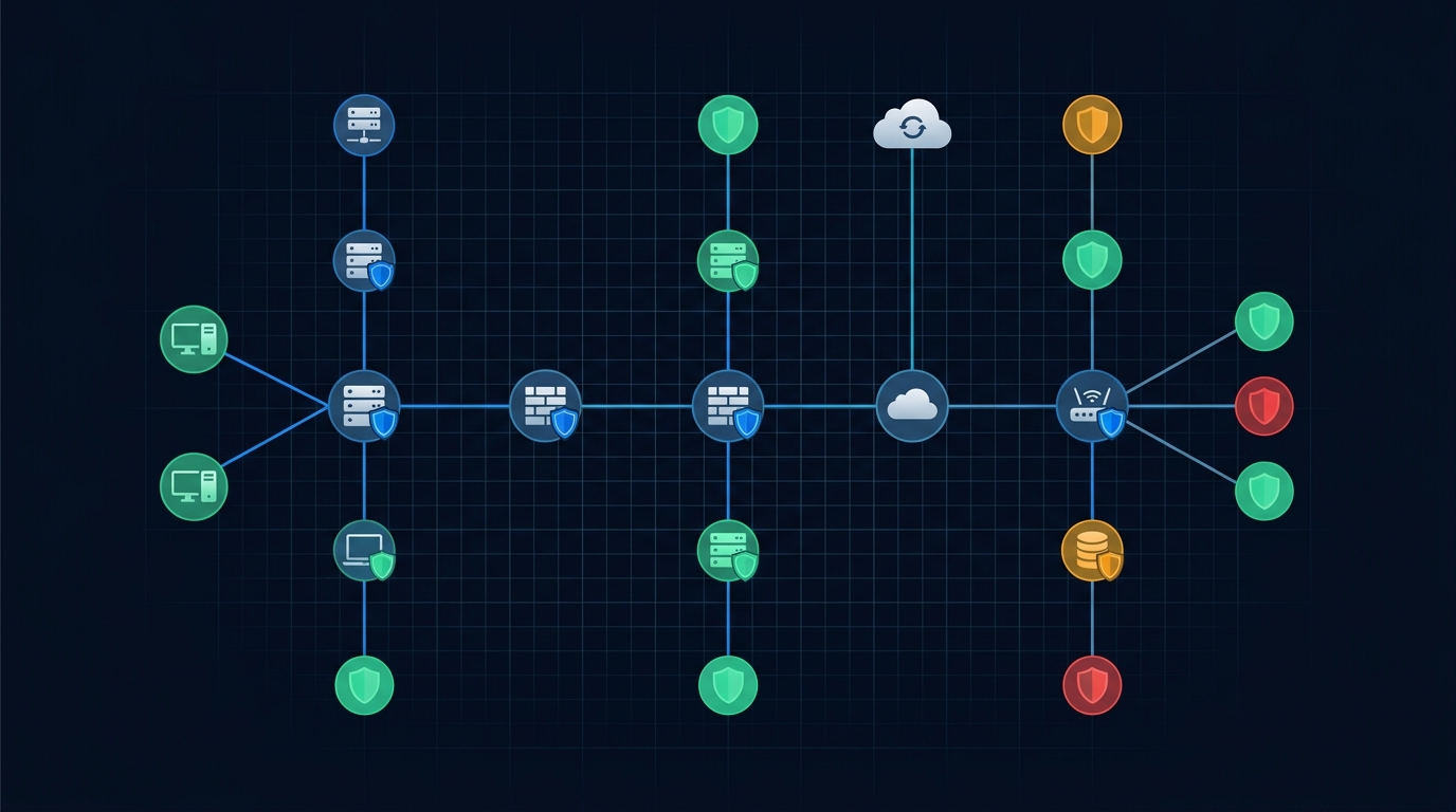 IT infrastructure security assessment network diagram showing servers, endpoints, firewall and risk indicators